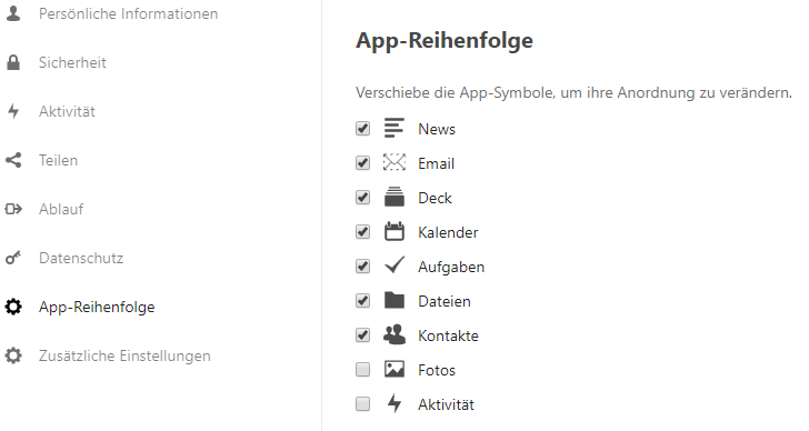 App-Order Einstellungen im persönlichen Bereich.